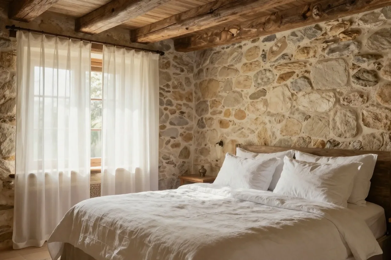 Chambre d'hôtes avec draps en lin et poutres apparentes