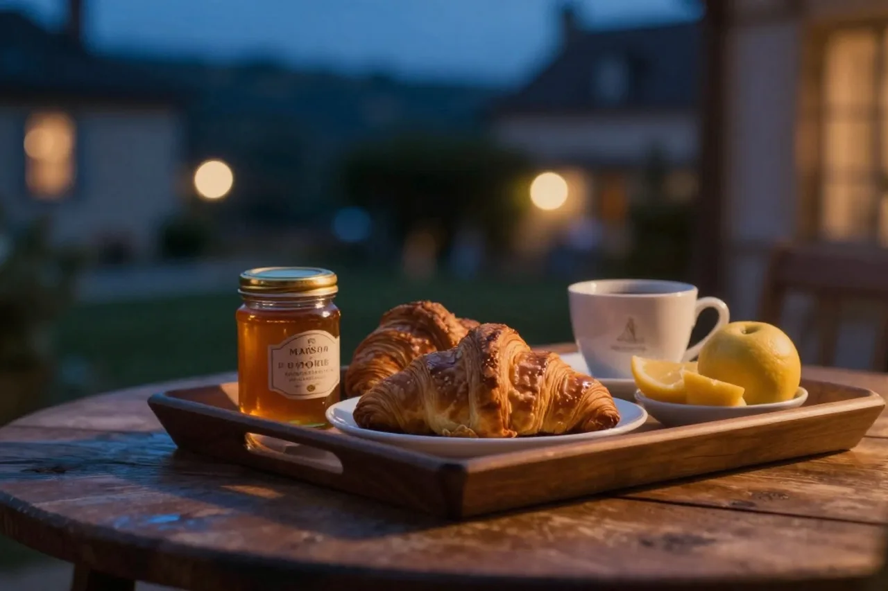 Plateau petit-déjeuner avec viennoiseries et miel local