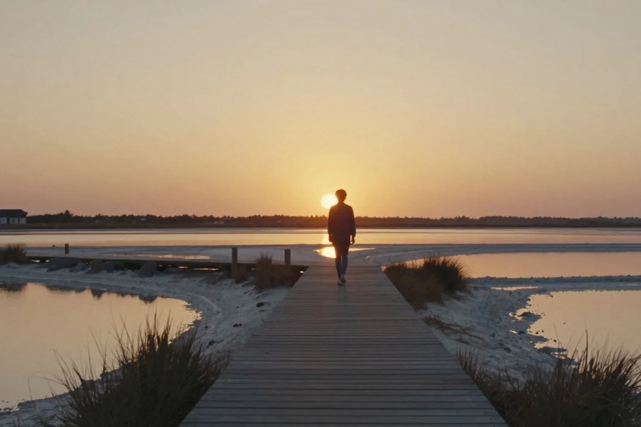 Promeneur sur les sentiers des marais salants au coucher du soleil